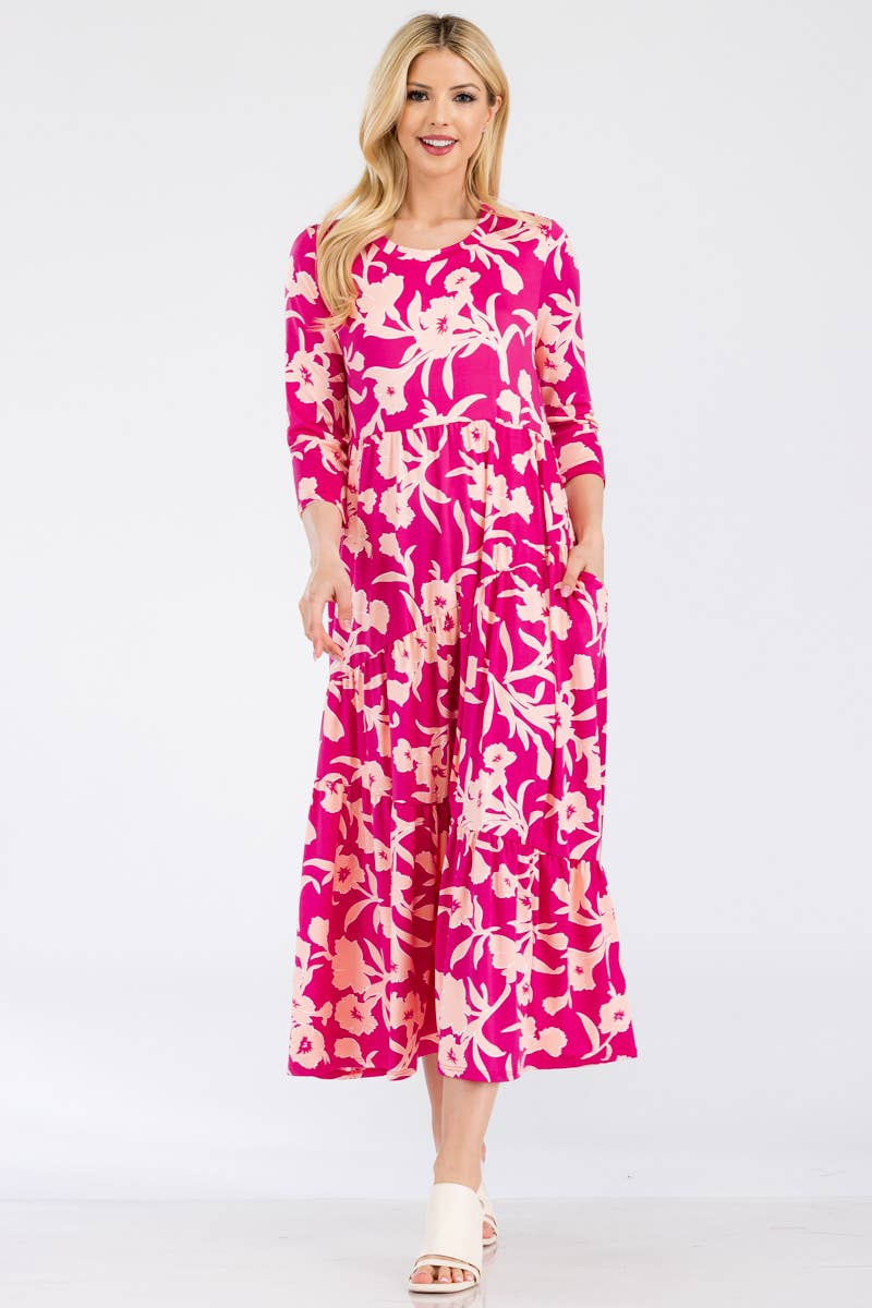 Asymmetric Tiered Maxi Dress-Fuchsia