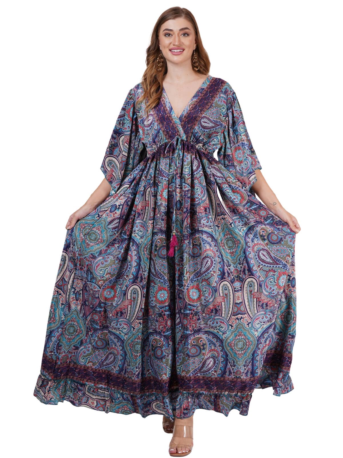 One-Size Bell Sleeves V-Neck Tie Adjustable Maxi Dress