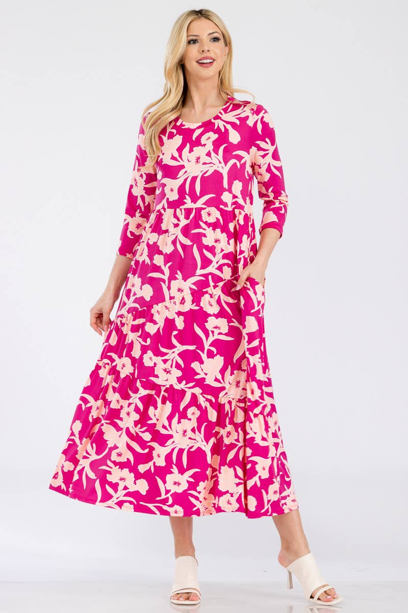 Asymmetric Tiered Maxi Dress-Fuchsia