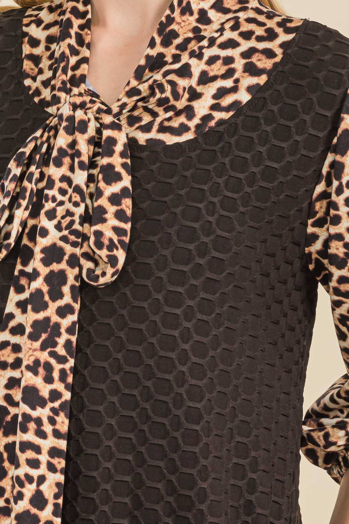 Honeycomb Midi Dress w/ Animal Print Bowtie