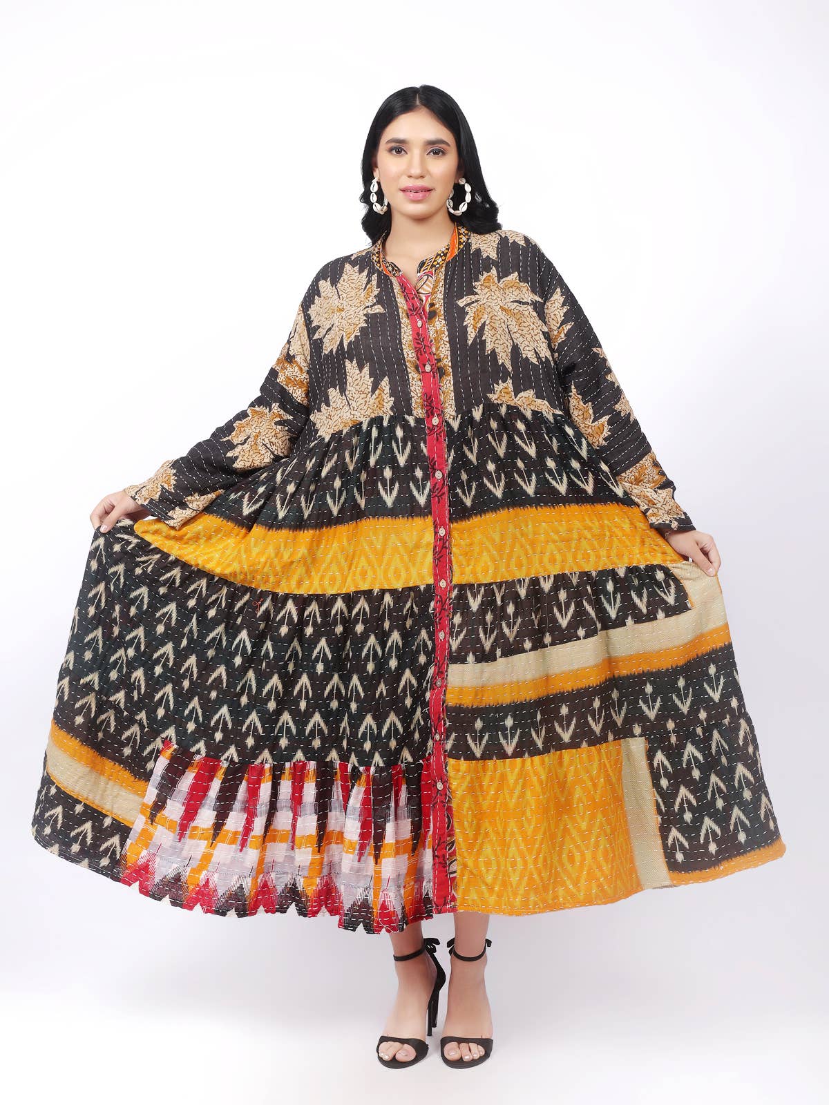 One-Size Kantha Cotton Button Down Long Dress