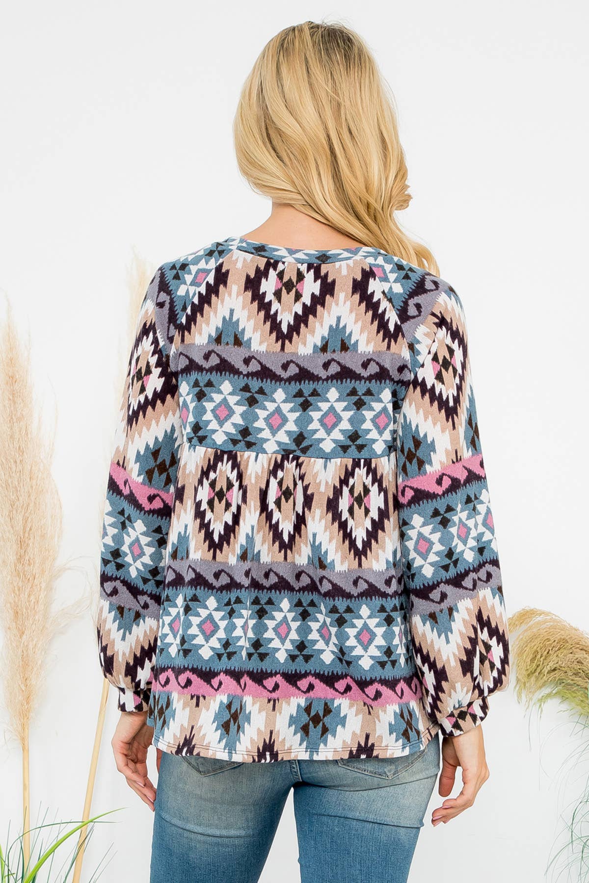Aztec Print Puff Sleeve Top