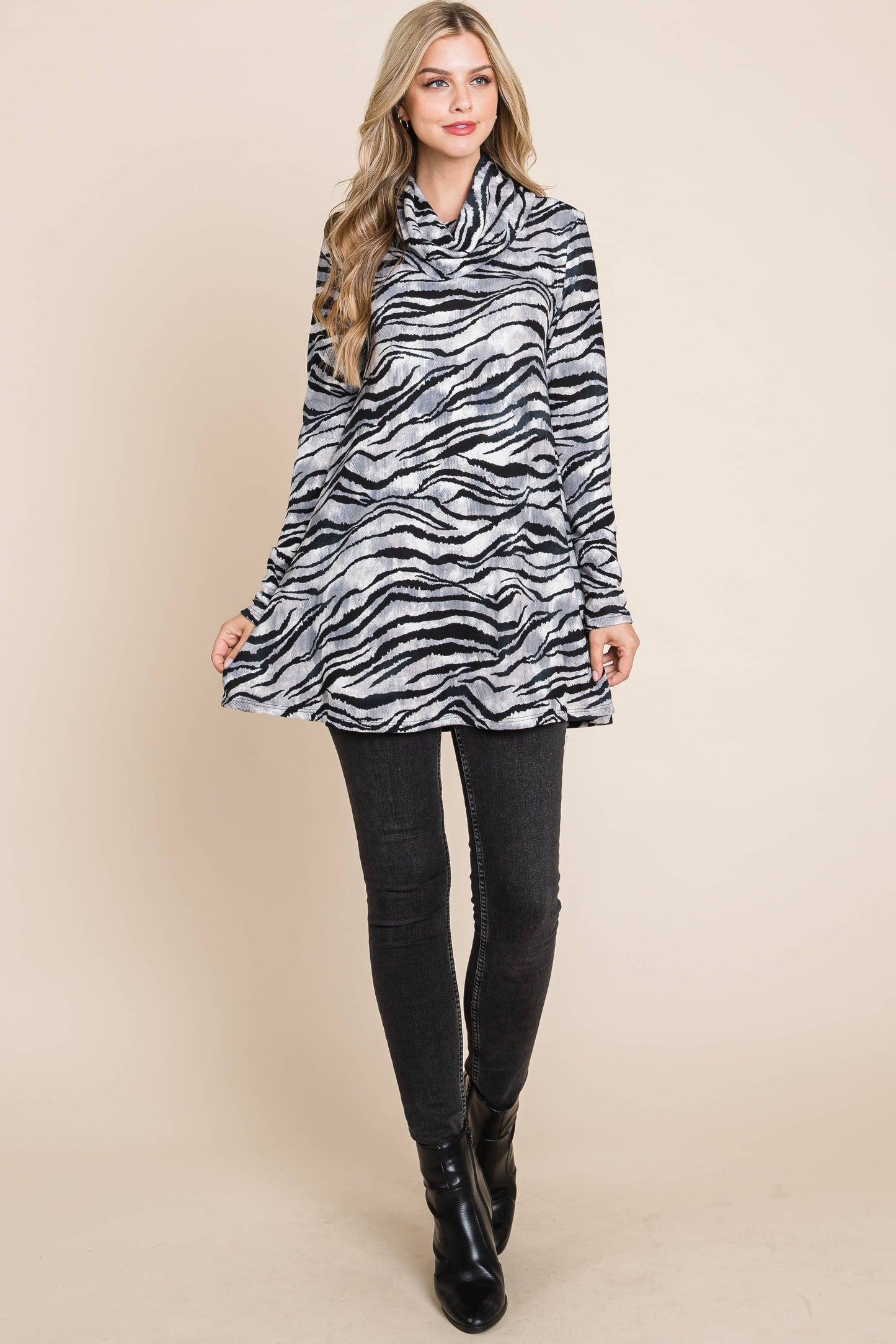 Zebra Print Cowl Neck Tunic