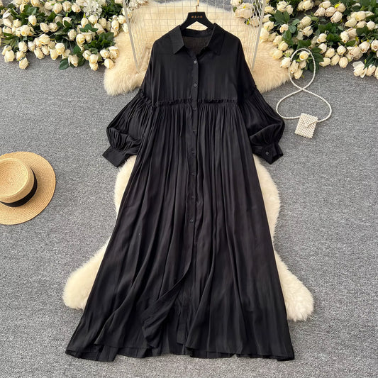 Lantern Sleeve Midi Shirt Dress