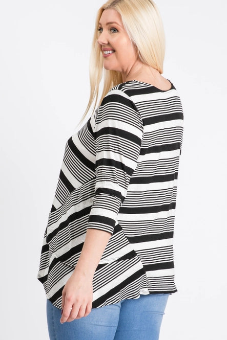 Black and White Stripe Flowy Top- Plus Size