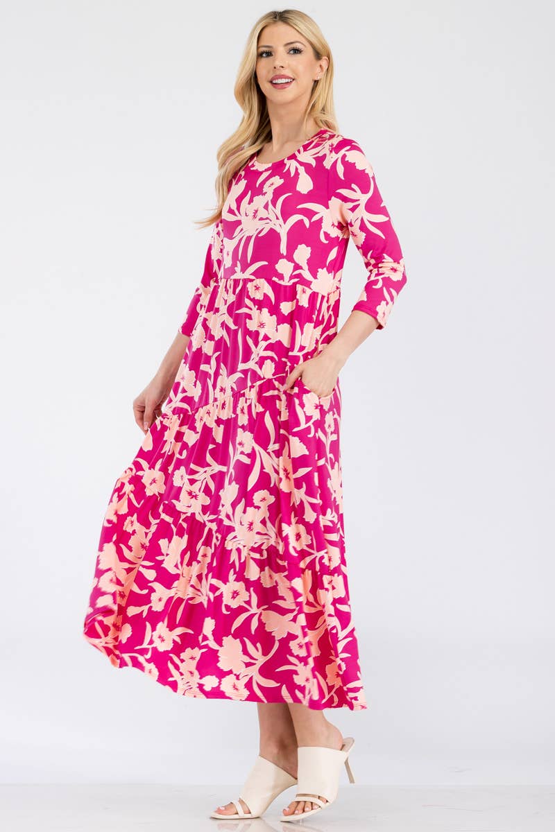 Asymmetric Tiered Maxi Dress-Fuchsia