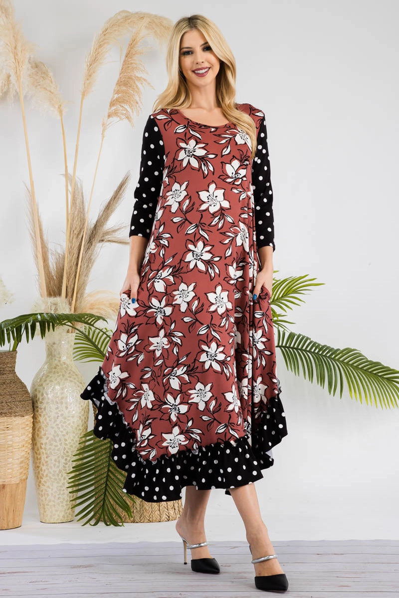 Plus Size Polka Dot Midi Ruffle Dress