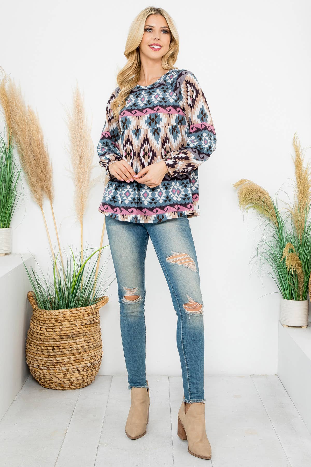 Aztec Print Puff Sleeve Top