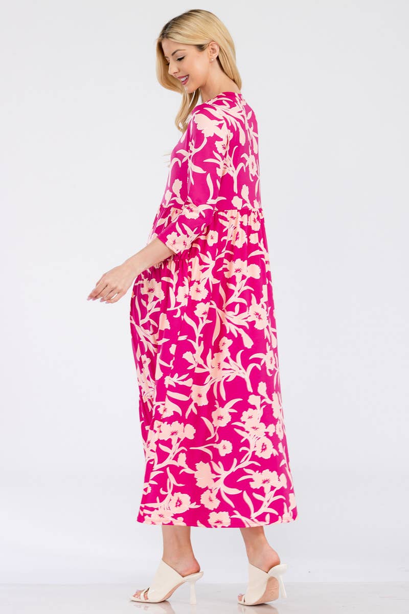 Asymmetric Tiered Maxi Dress-Fuchsia