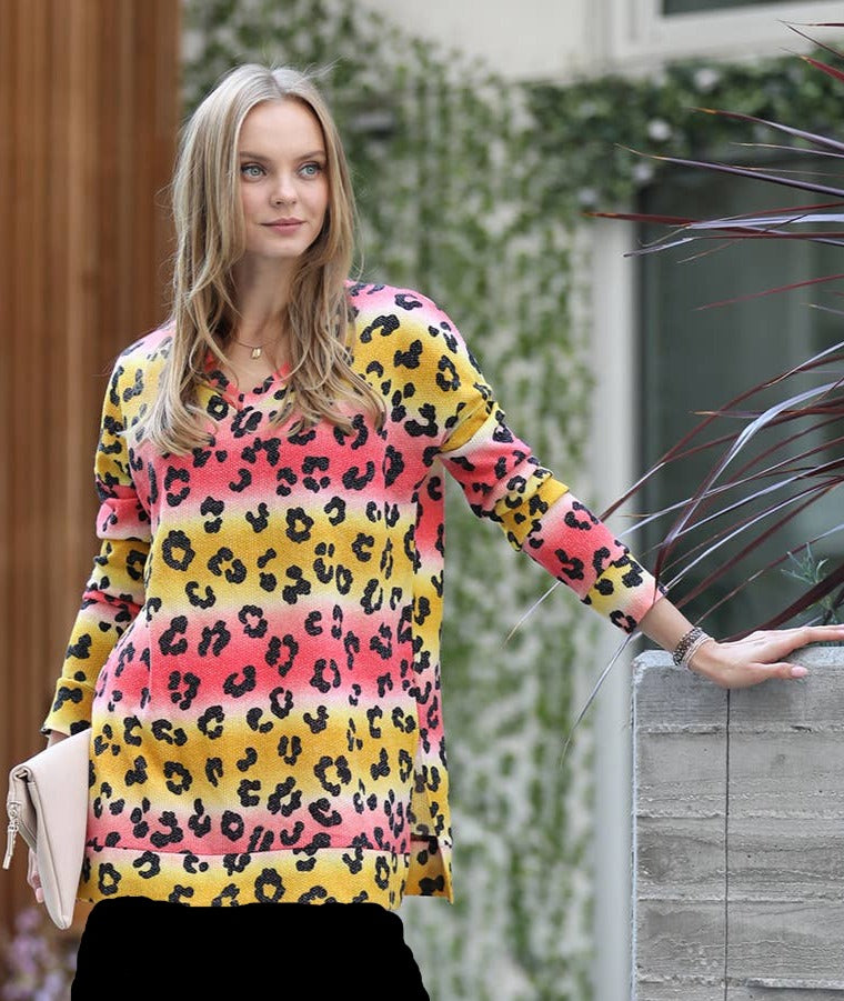 Leopard Print Long Sleeve V-Neck Sweater
