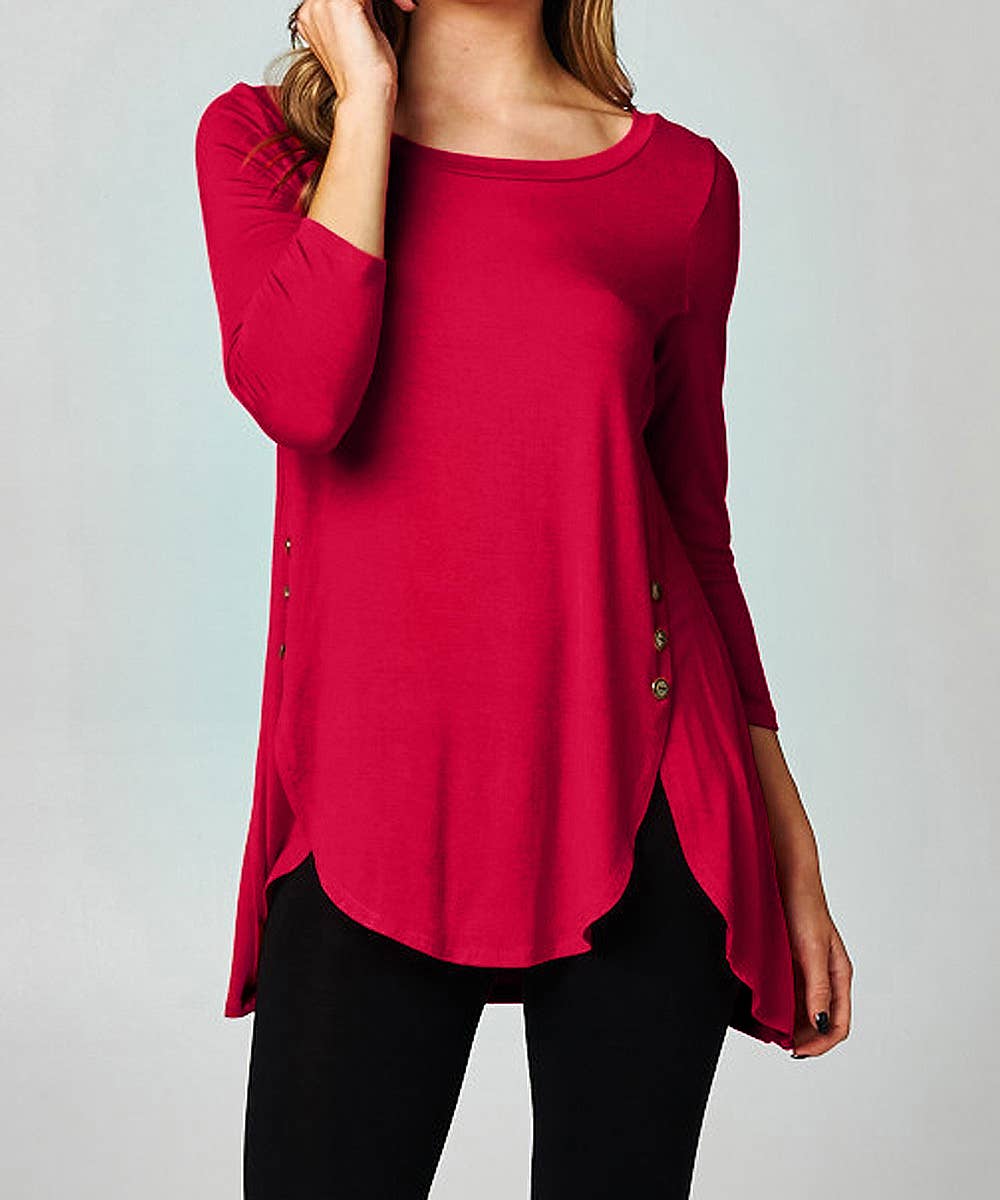 Rounded Hem Tunic w/ side buttons: Cranberry Red