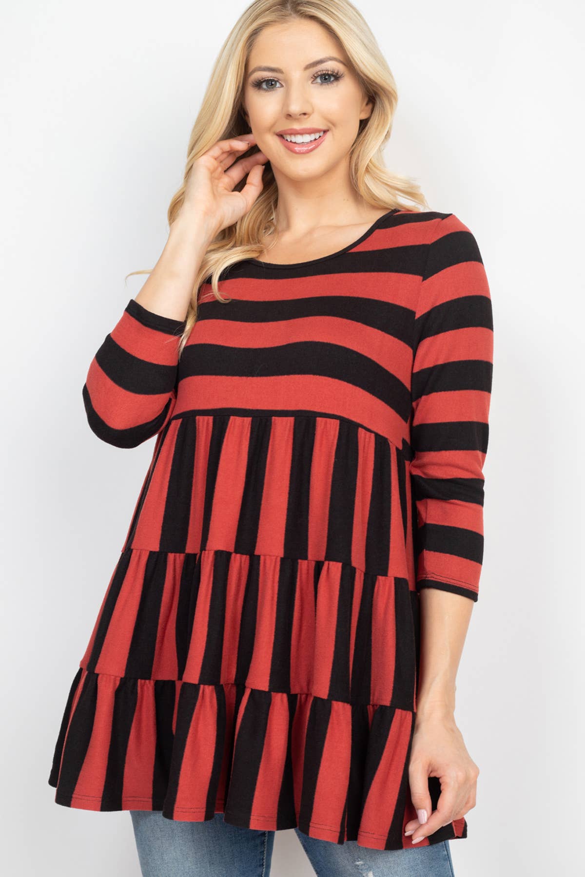 Plus Size Tiered Stripe 3/4 Sleeve Top