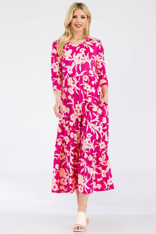 Asymmetric Tiered Maxi Dress-Fuchsia