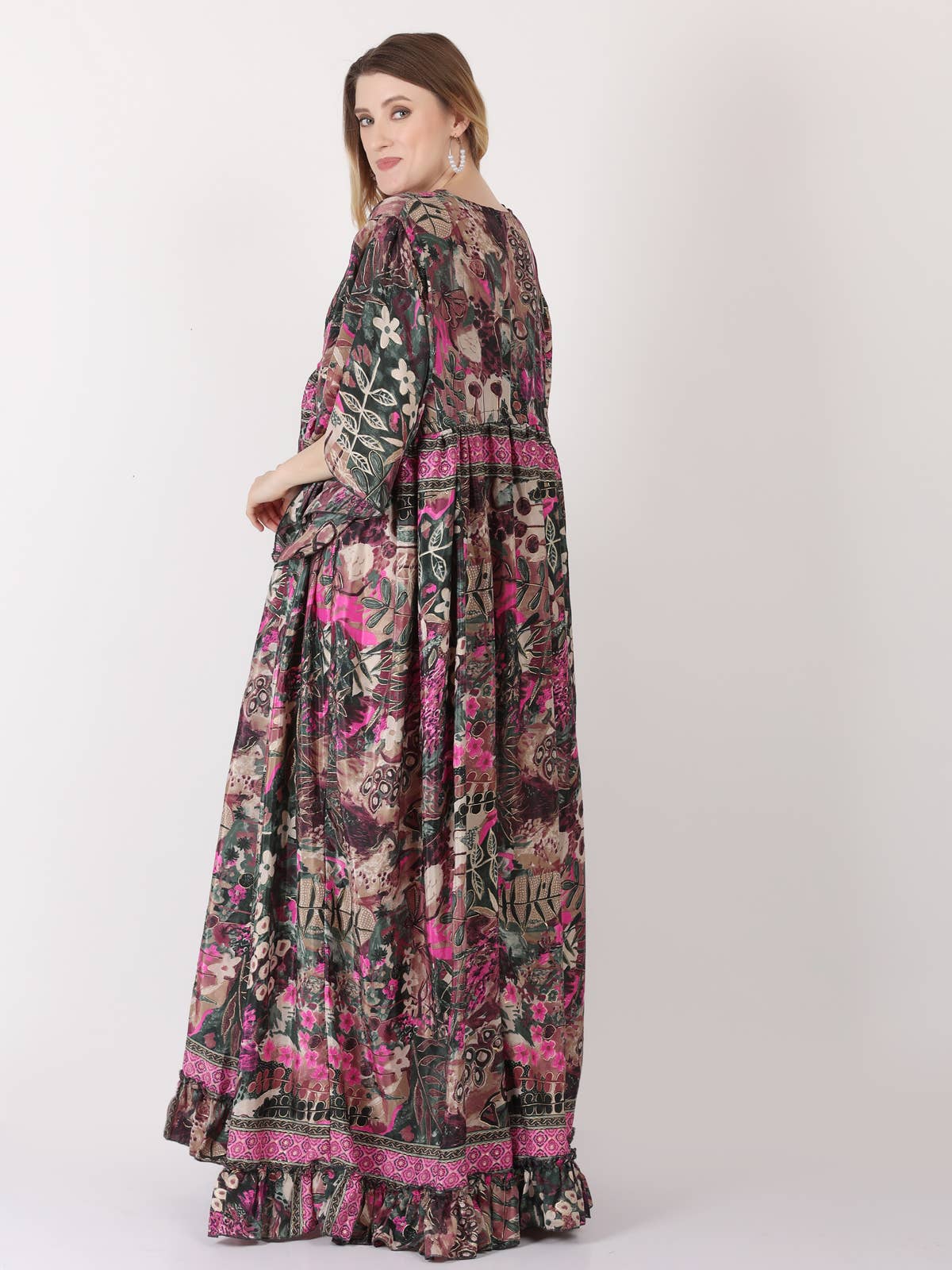 One-Size Bell Sleeves V-Neck Tie Adjustable Maxi Dress