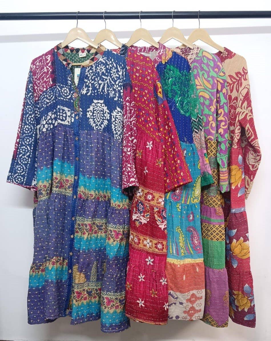 One-Size Kantha Cotton Button Down Long Dress