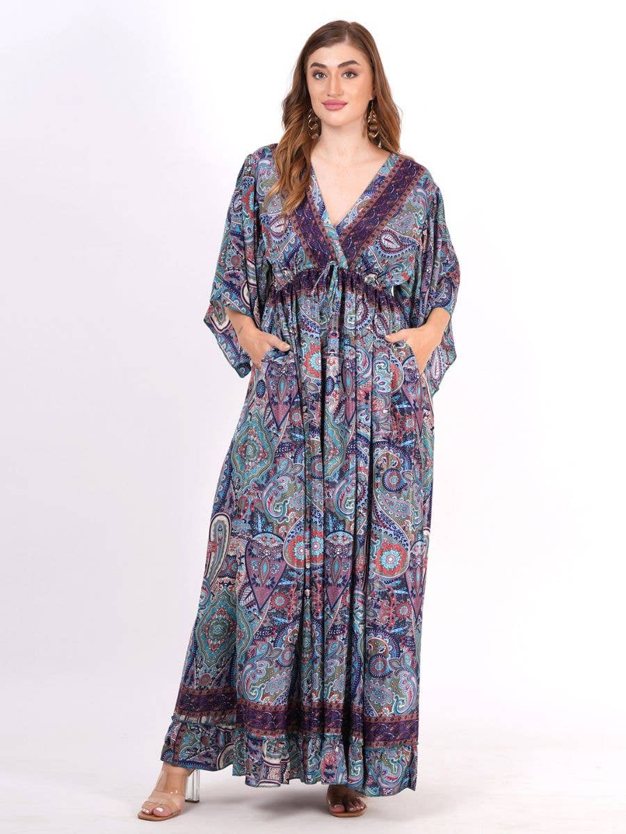 One-Size Bell Sleeves V-Neck Tie Adjustable Maxi Dress