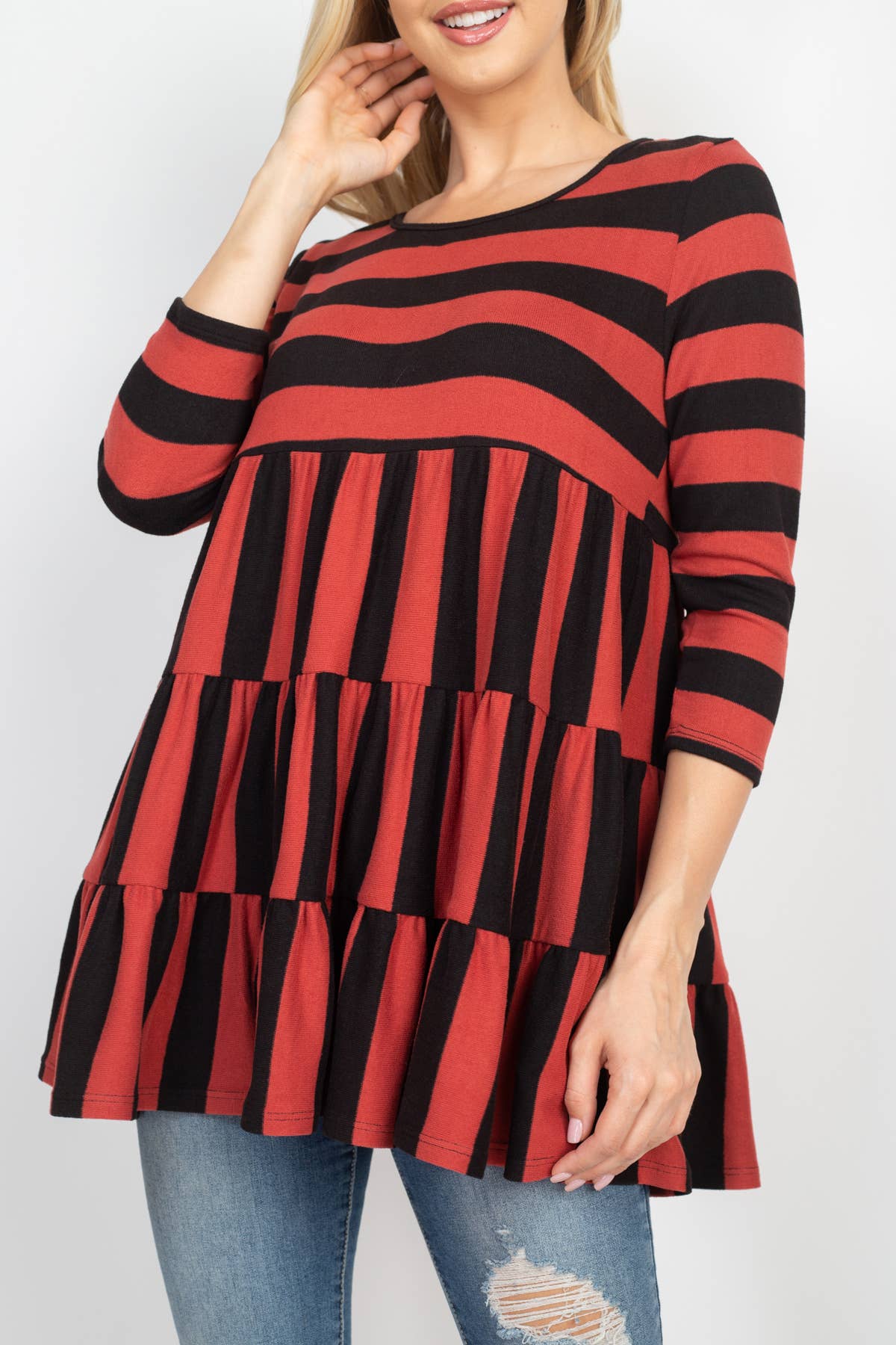 Plus Size Tiered Stripe 3/4 Sleeve Top