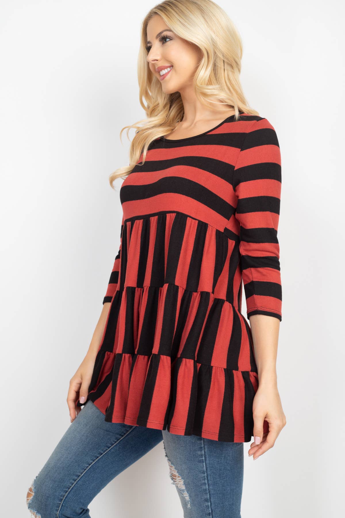 Plus Size Tiered Stripe 3/4 Sleeve Top