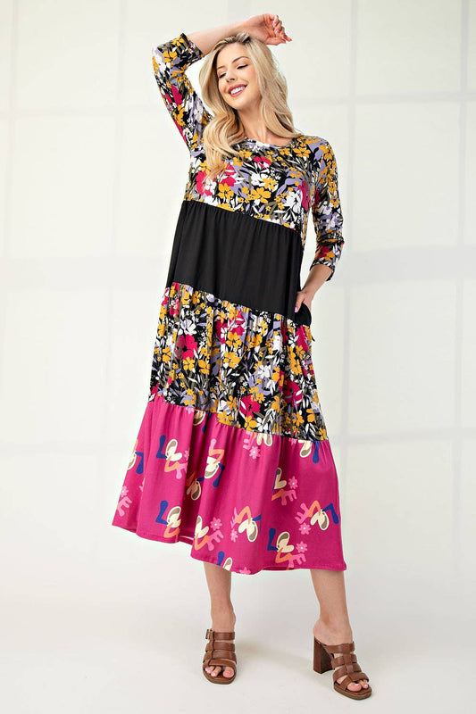 Plus-Floral Tiered Midi Dress