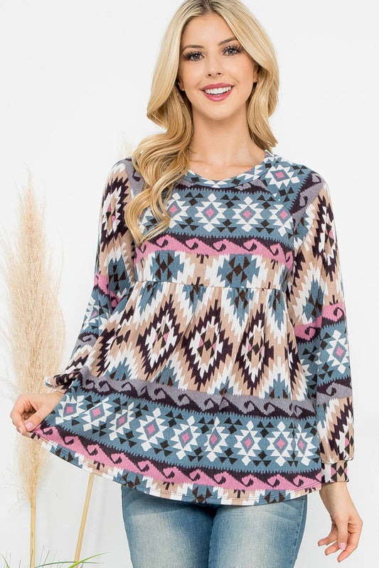 Aztec Print Puff Sleeve Top