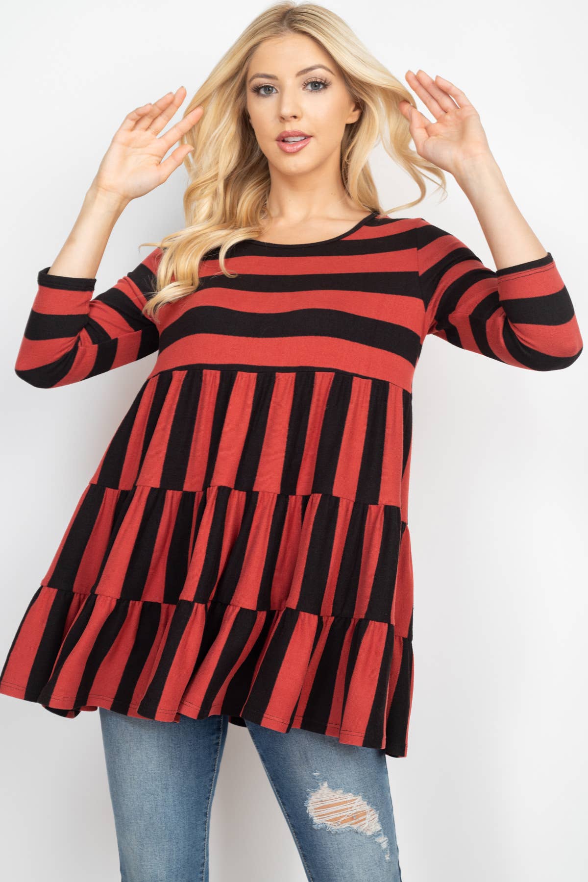 Plus Size Tiered Stripe 3/4 Sleeve Top