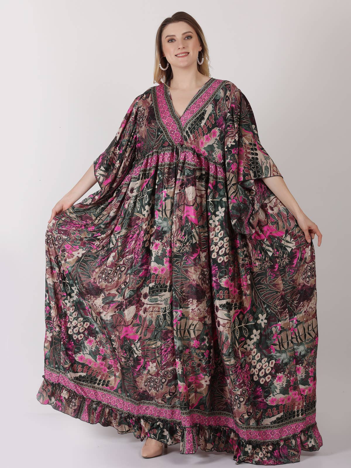 One-Size Bell Sleeves V-Neck Tie Adjustable Maxi Dress