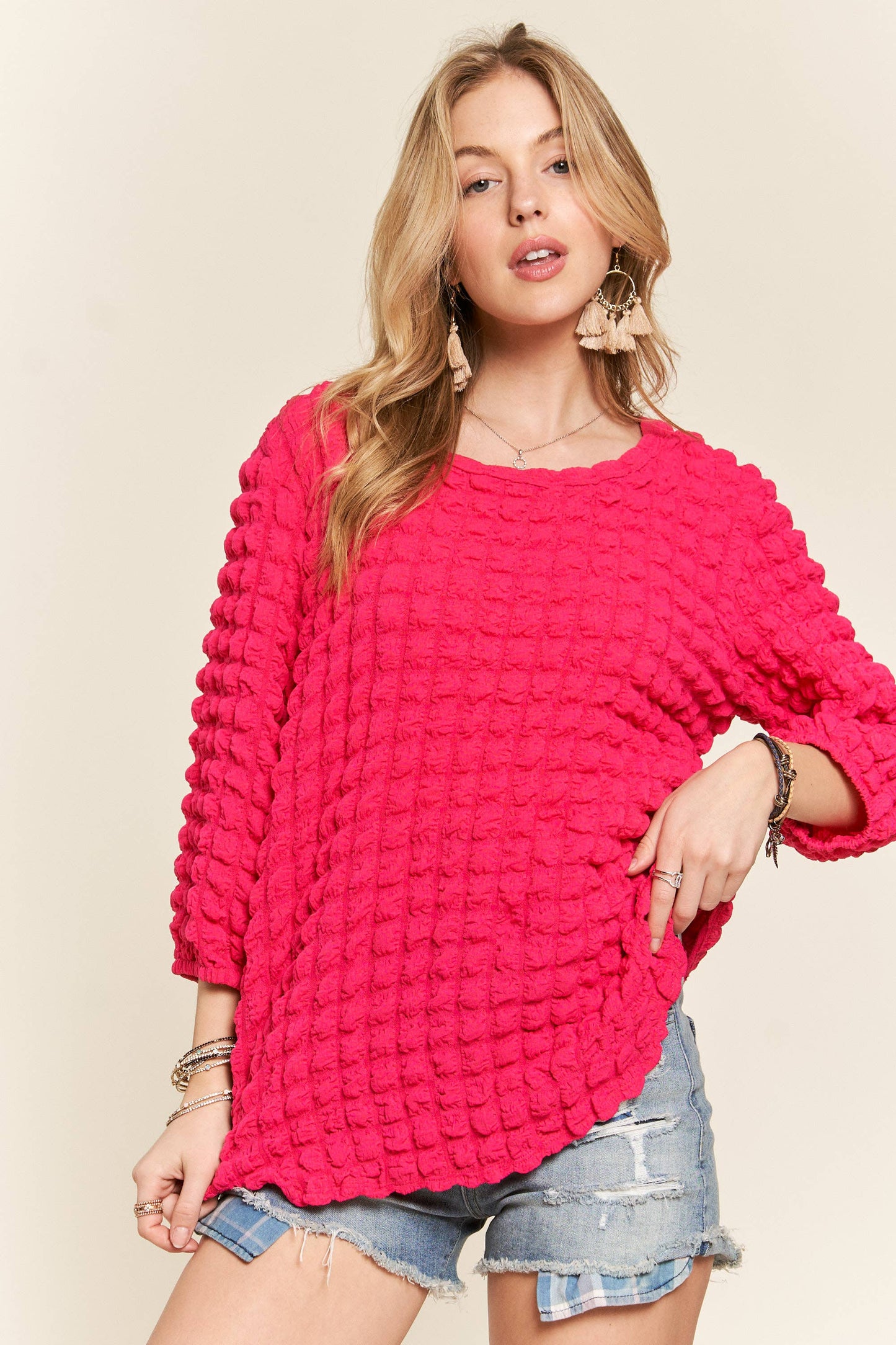 Puffy Bubble Fabric 3/4 Sleeve Top