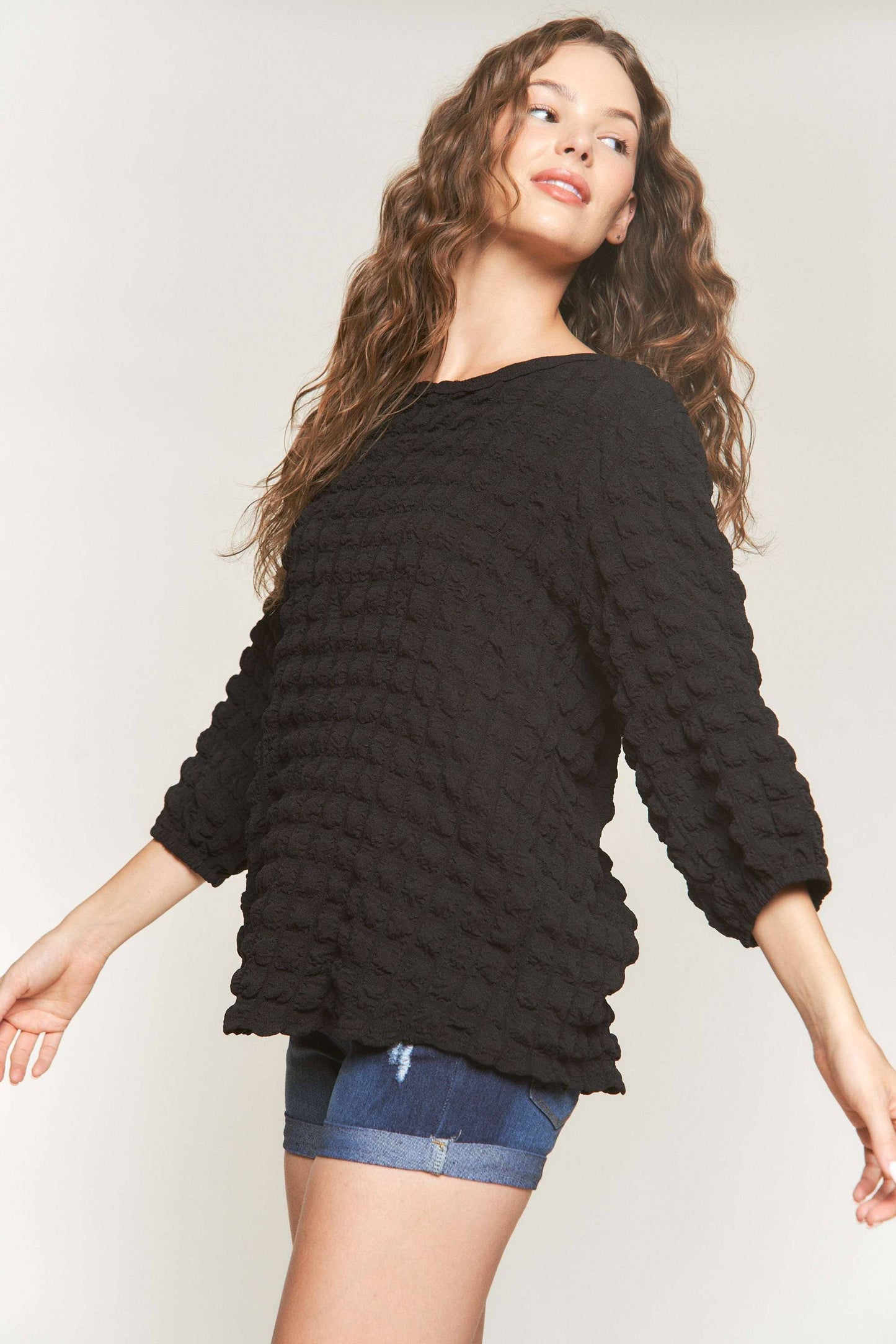 Puffy Bubble Fabric 3/4 Sleeve Top