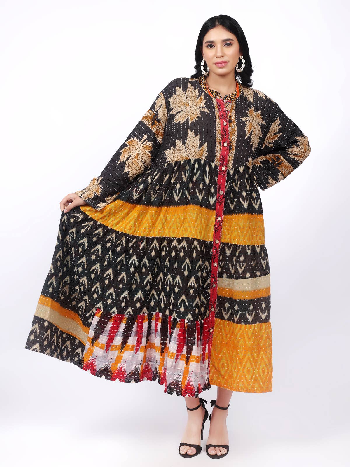 One-Size Kantha Cotton Button Down Long Dress