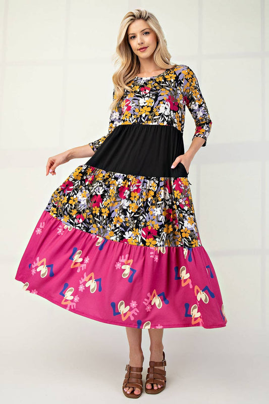Plus-Floral Tiered Midi Dress