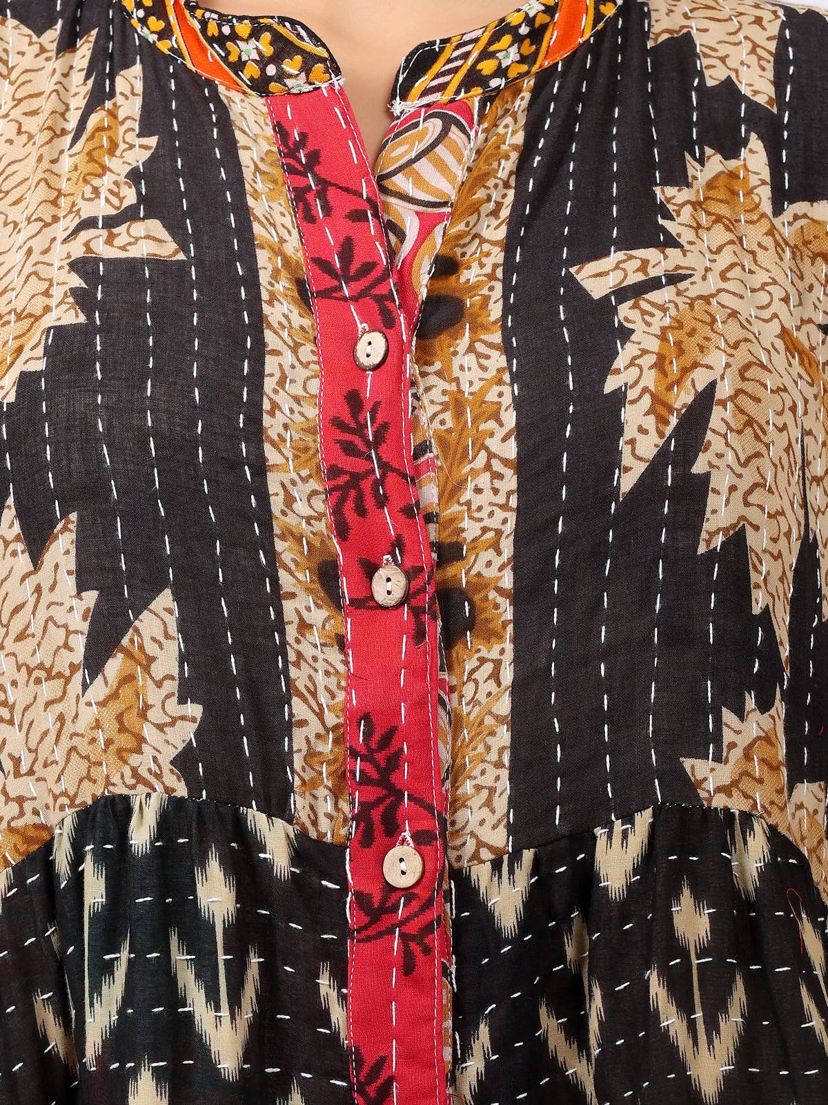 One-Size Kantha Cotton Button Down Long Dress