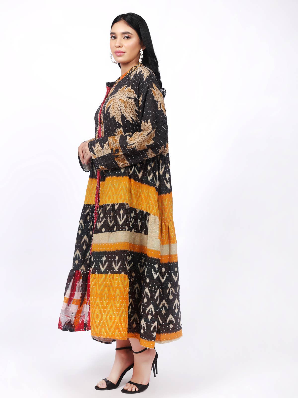 One-Size Kantha Cotton Button Down Long Dress