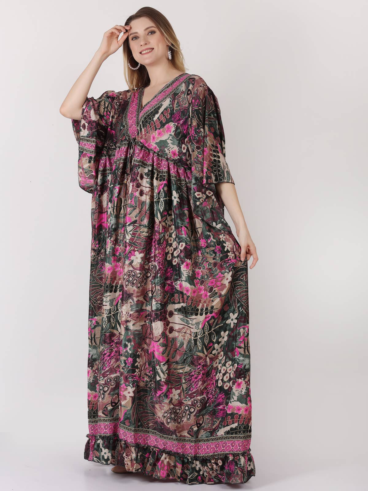 One-Size Bell Sleeves V-Neck Tie Adjustable Maxi Dress