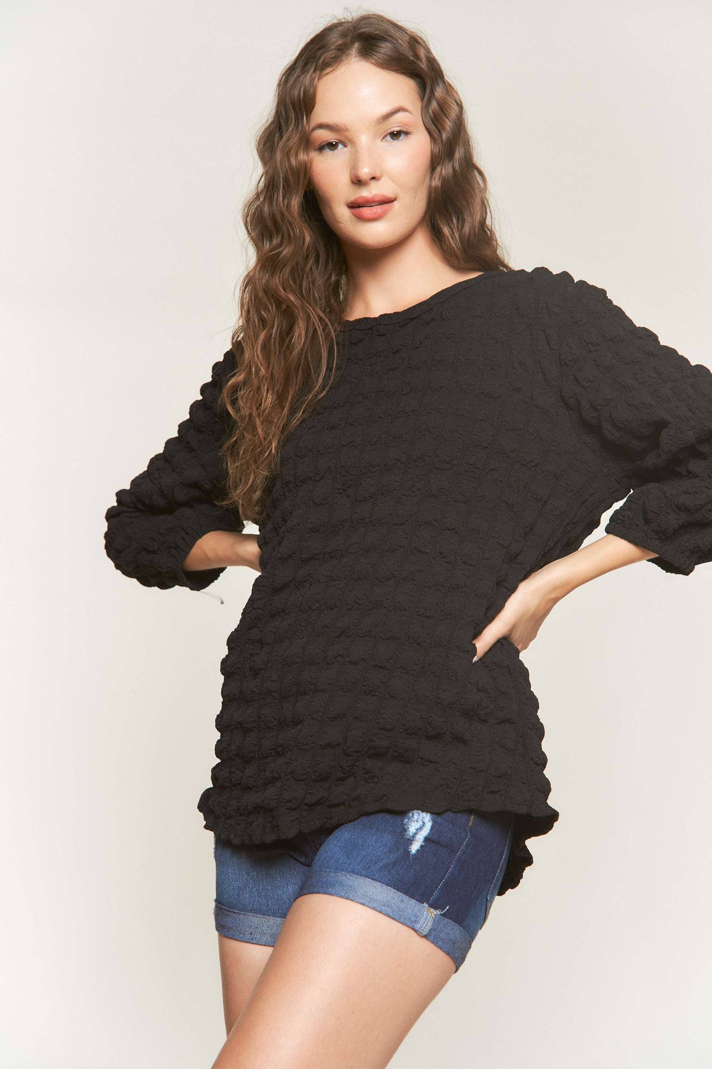Puffy Bubble Fabric 3/4 Sleeve Top