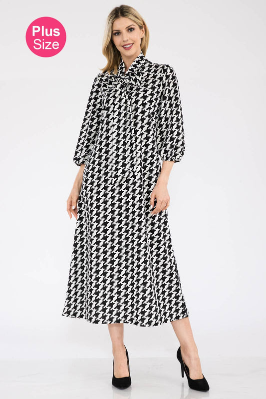 PLUS SIZE HOUNDSTOOTH MIDI DRESS WITH BOW TIE