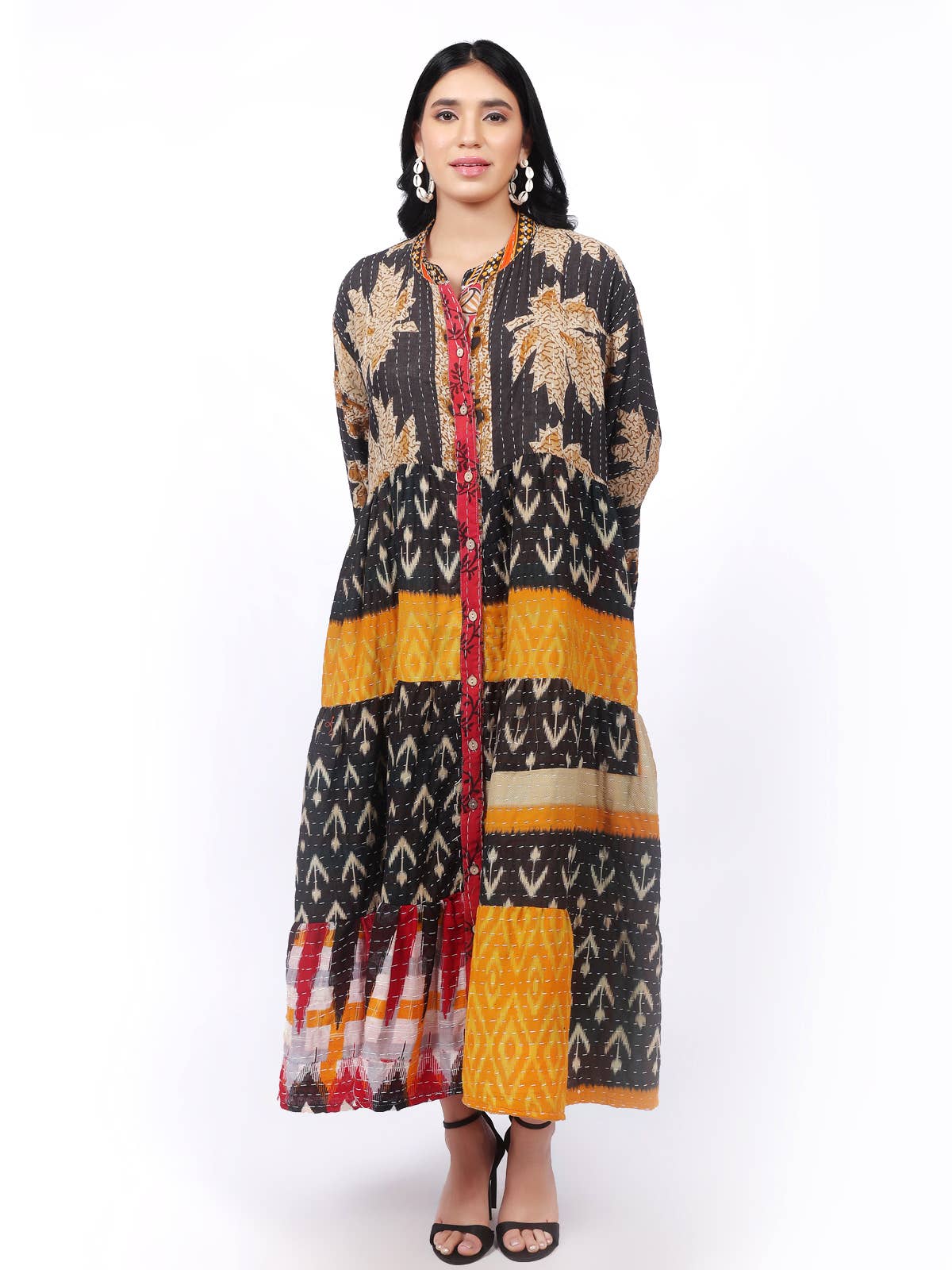 One-Size Kantha Cotton Button Down Long Dress