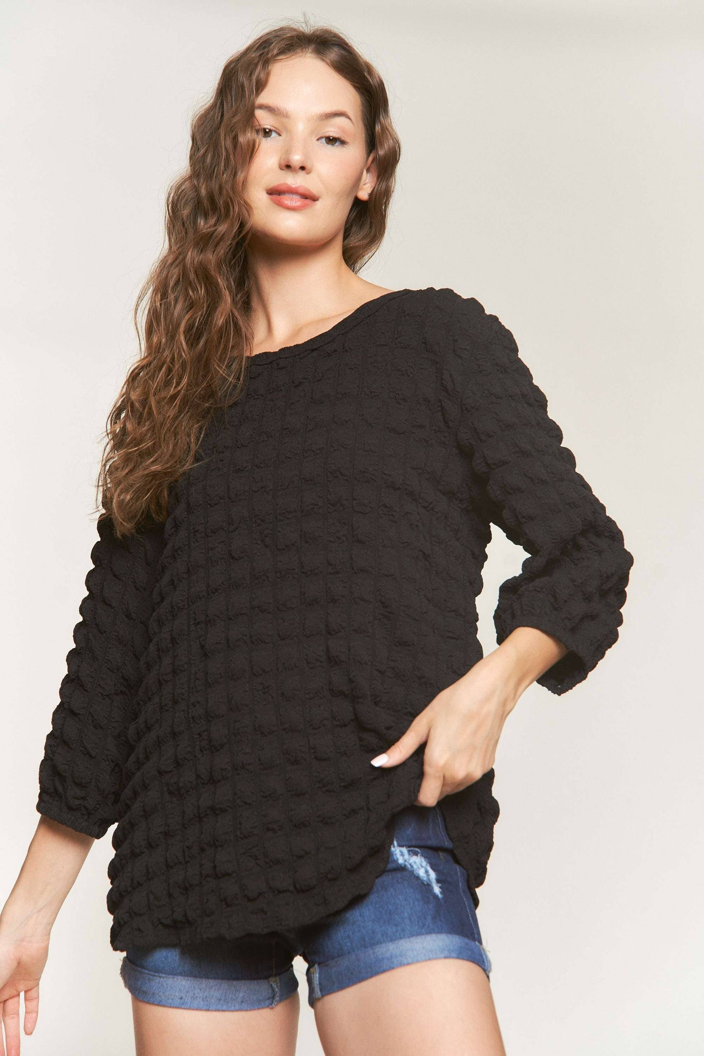 Puffy Bubble Fabric 3/4 Sleeve Top