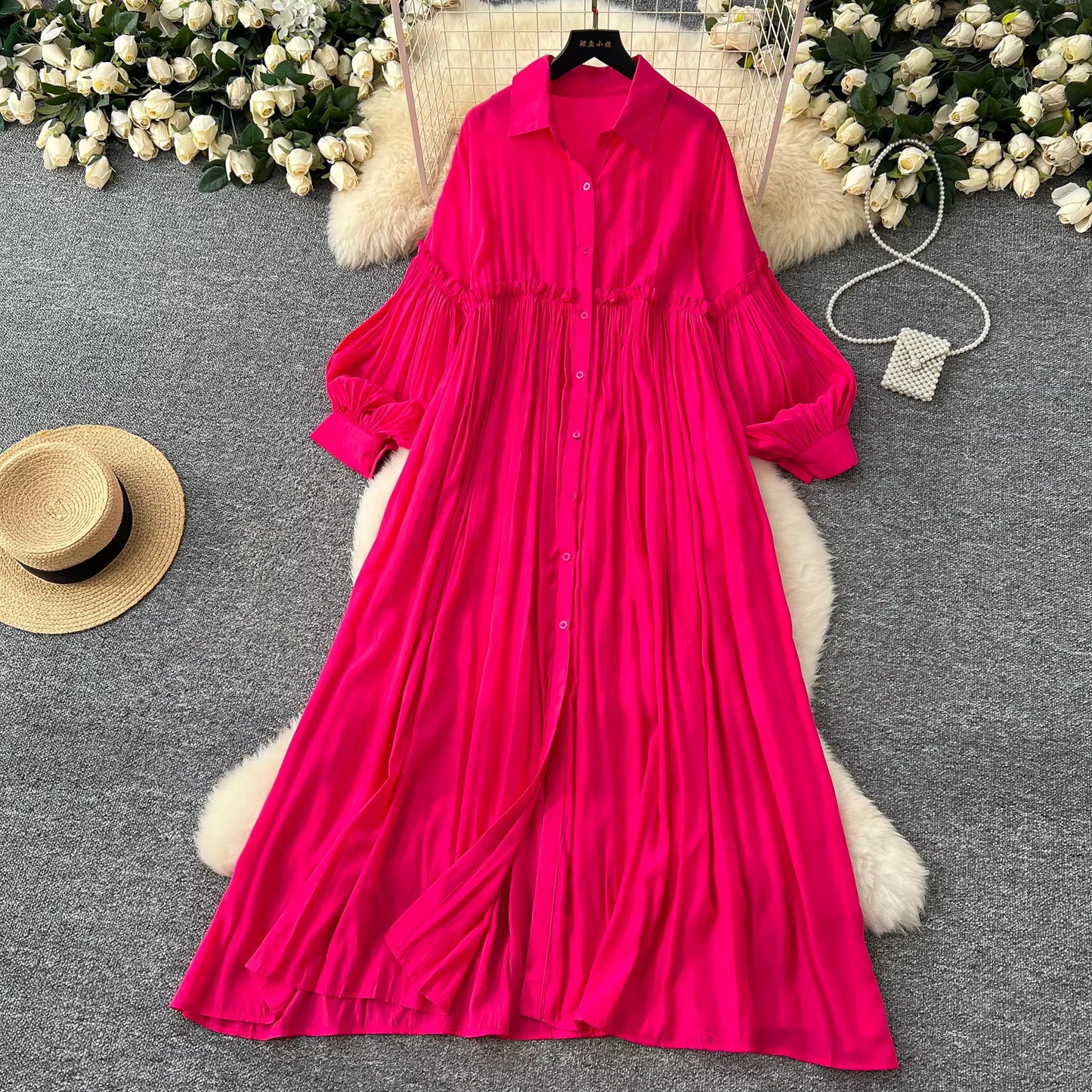 Lantern Sleeve Midi Shirt Dress