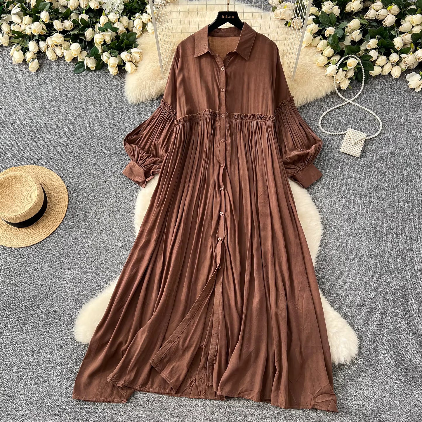 Lantern Sleeve Midi Shirt Dress