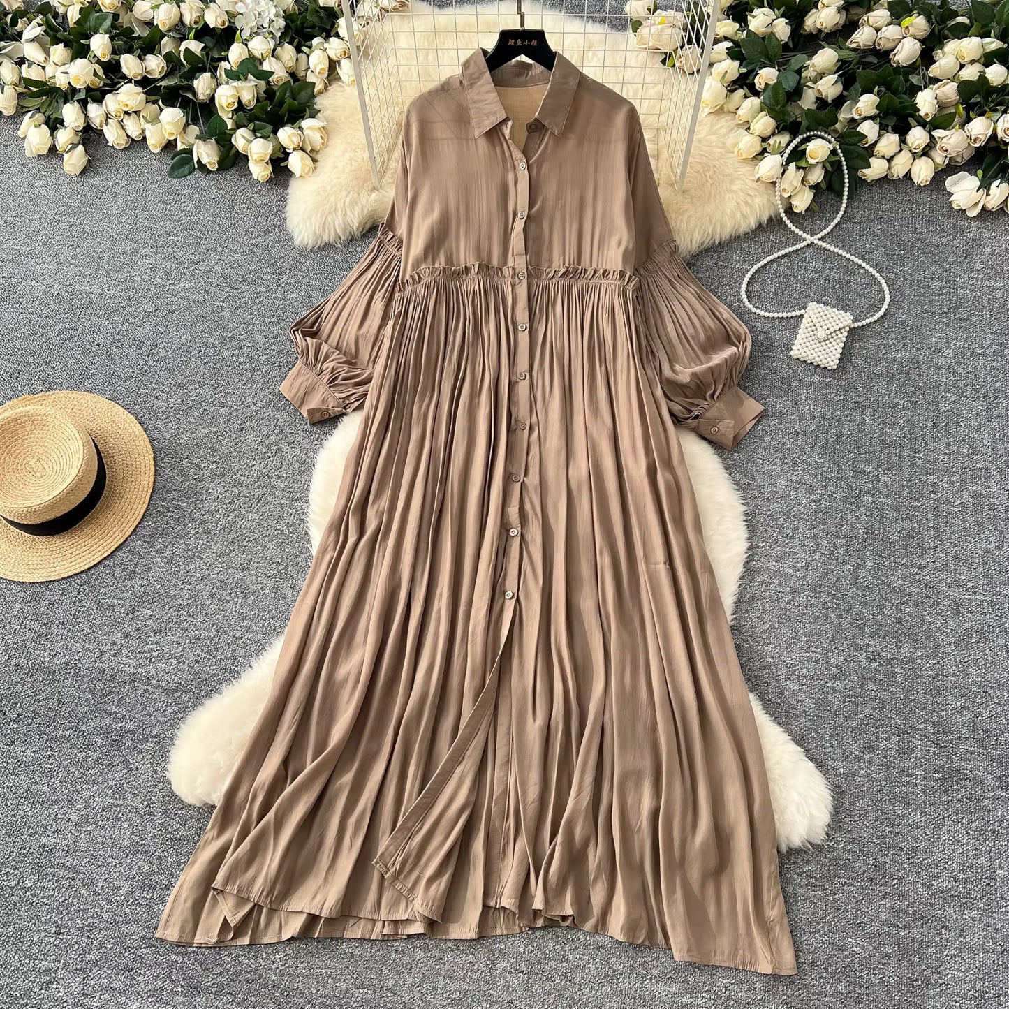 Lantern Sleeve Midi Shirt Dress