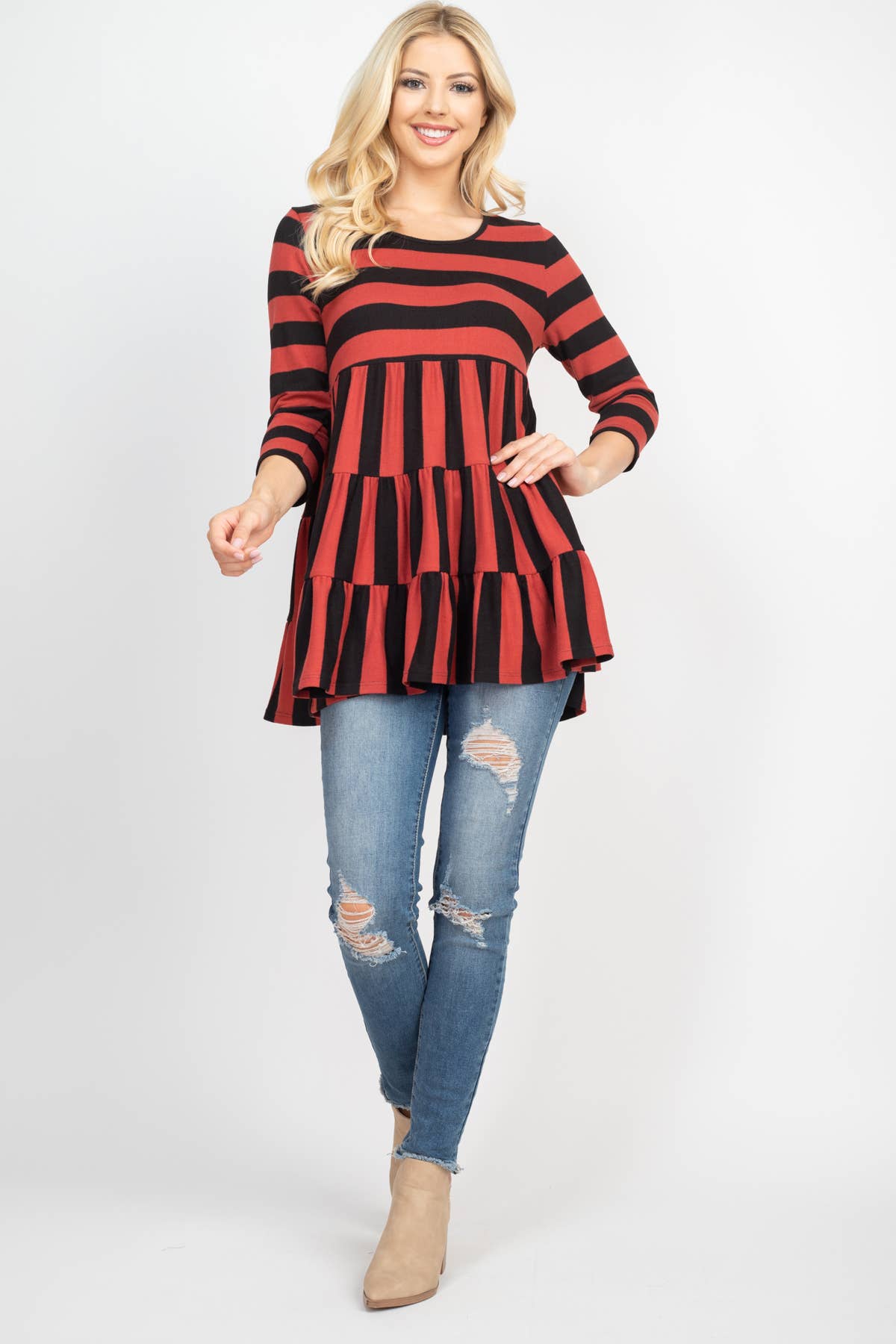 Plus Size Tiered Stripe 3/4 Sleeve Top