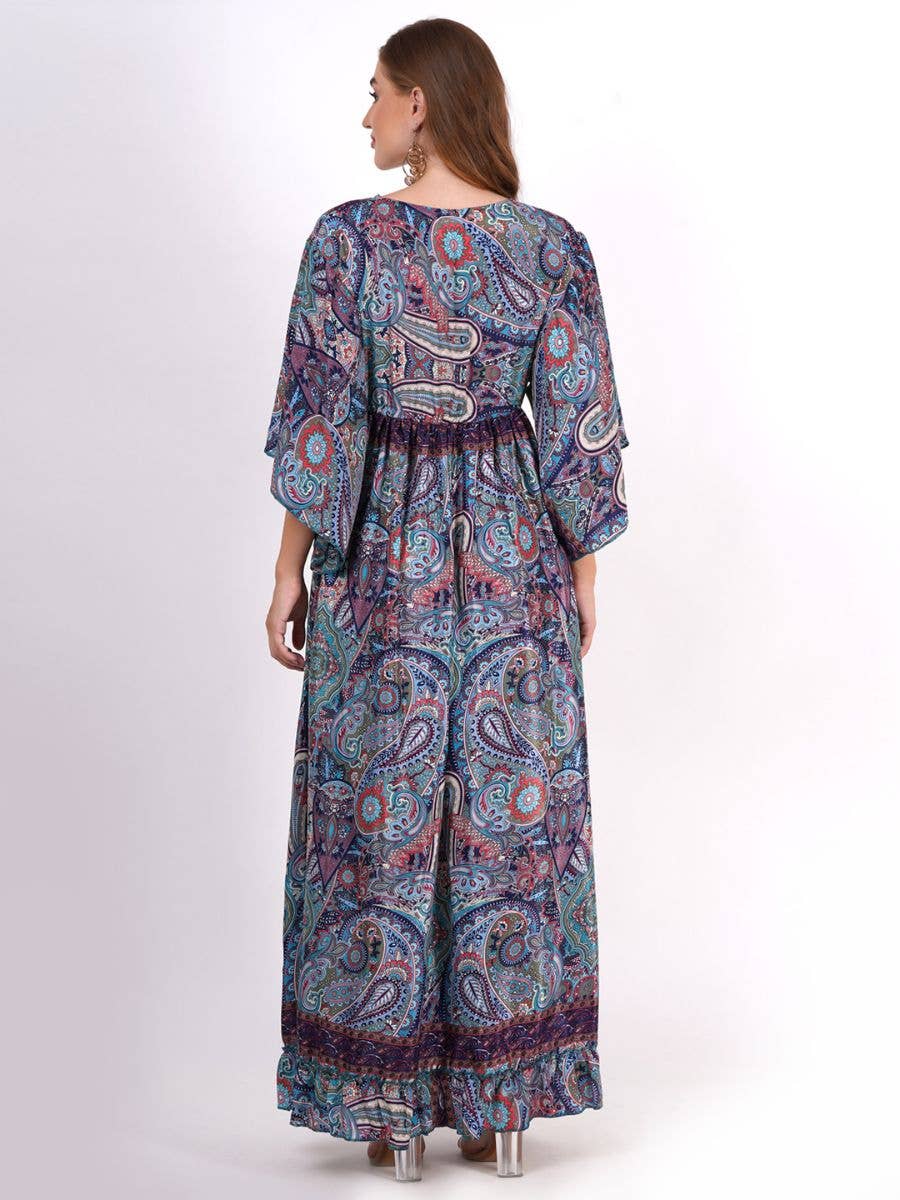 One-Size Bell Sleeves V-Neck Tie Adjustable Maxi Dress