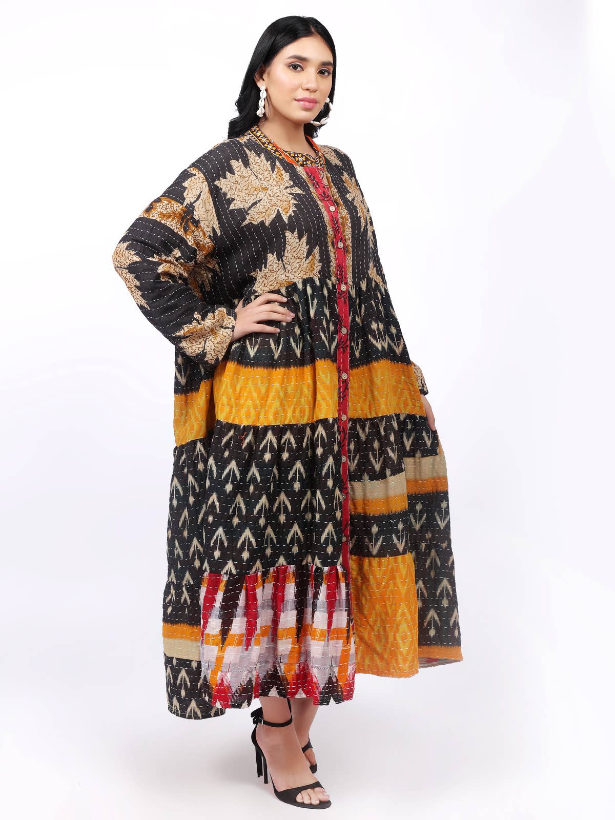 One-Size Kantha Cotton Button Down Long Dress