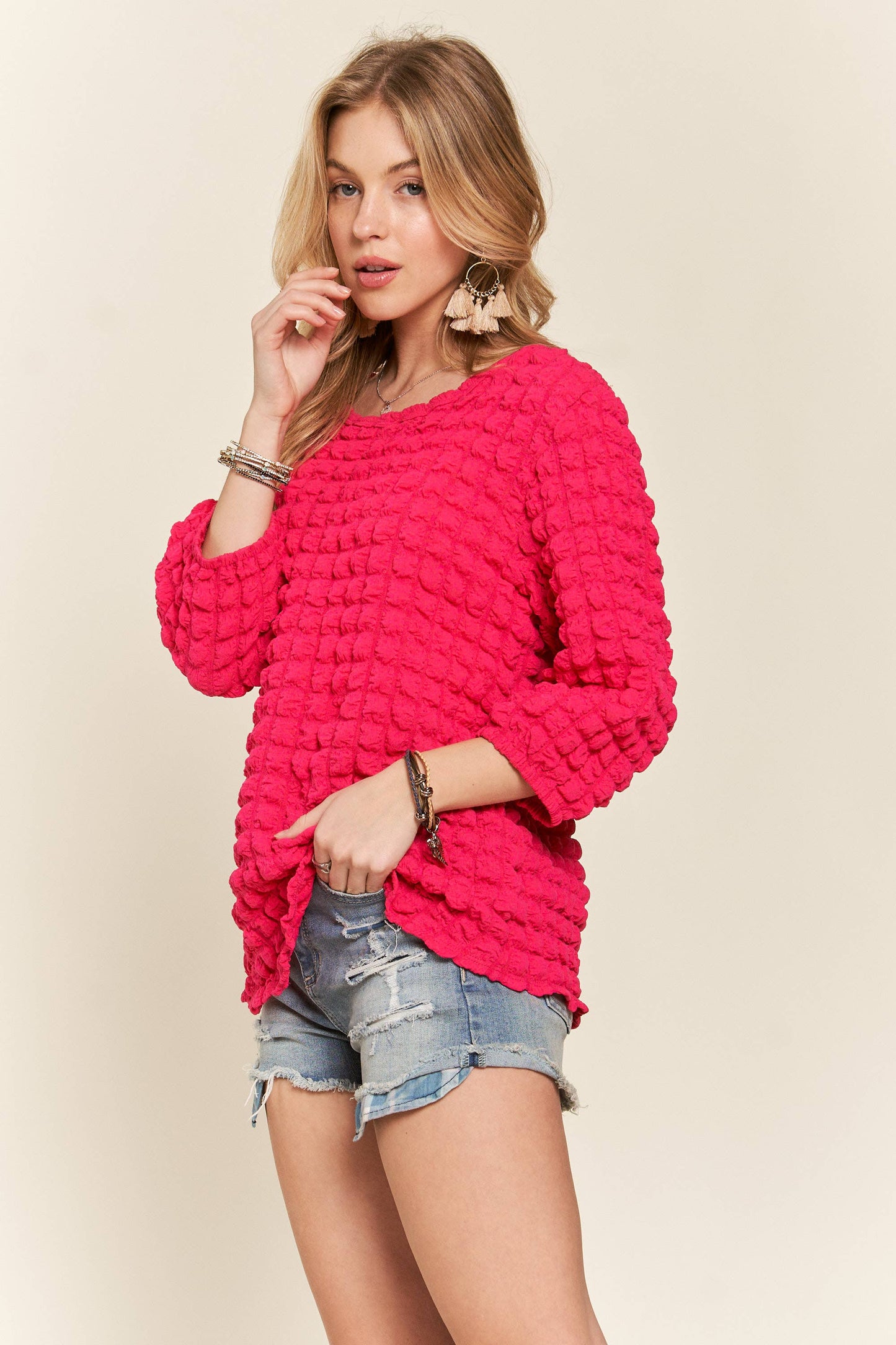 Puffy Bubble Fabric 3/4 Sleeve Top