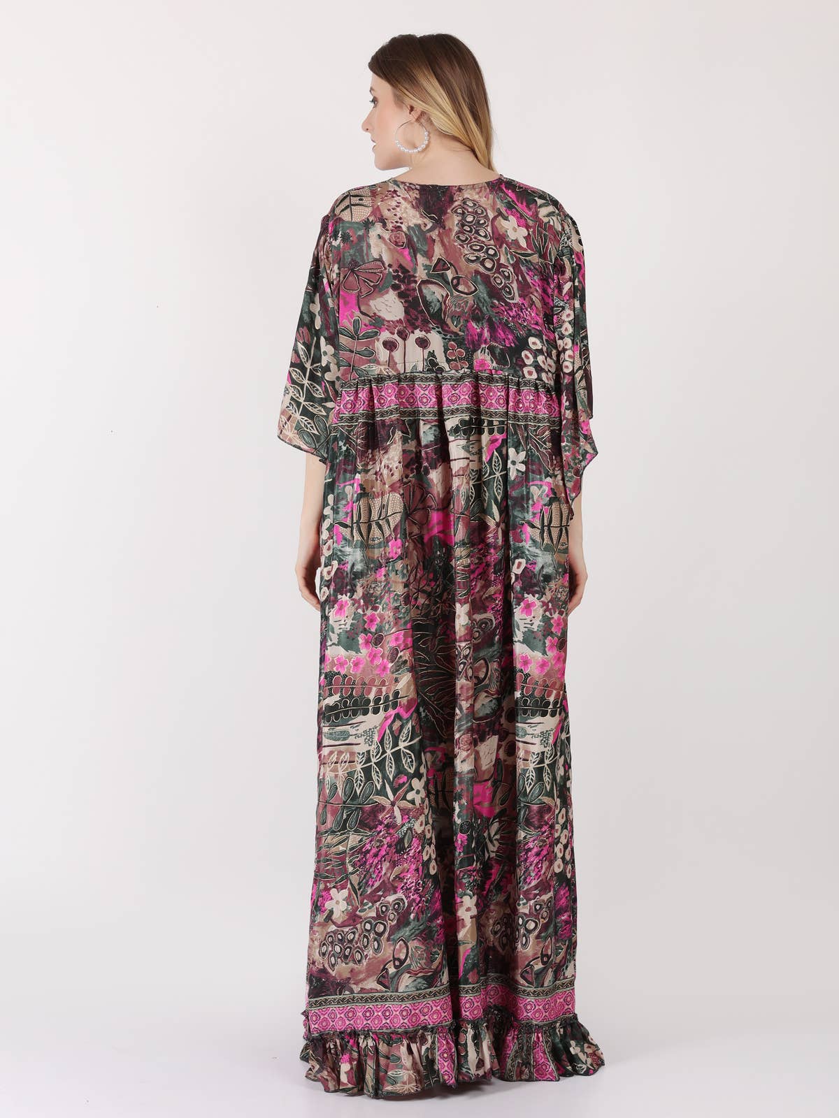 One-Size Bell Sleeves V-Neck Tie Adjustable Maxi Dress