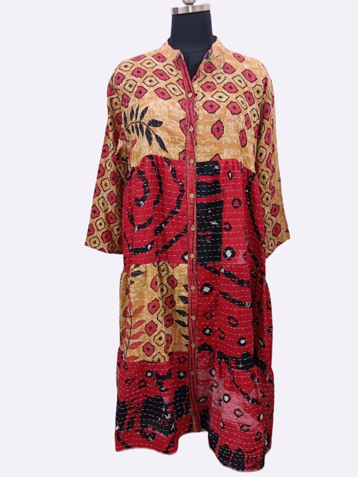 One-Size Kantha Cotton Button Down Long Dress