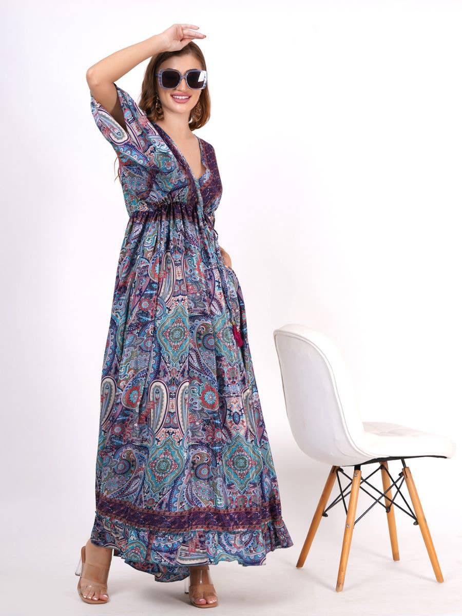 One-Size Bell Sleeves V-Neck Tie Adjustable Maxi Dress