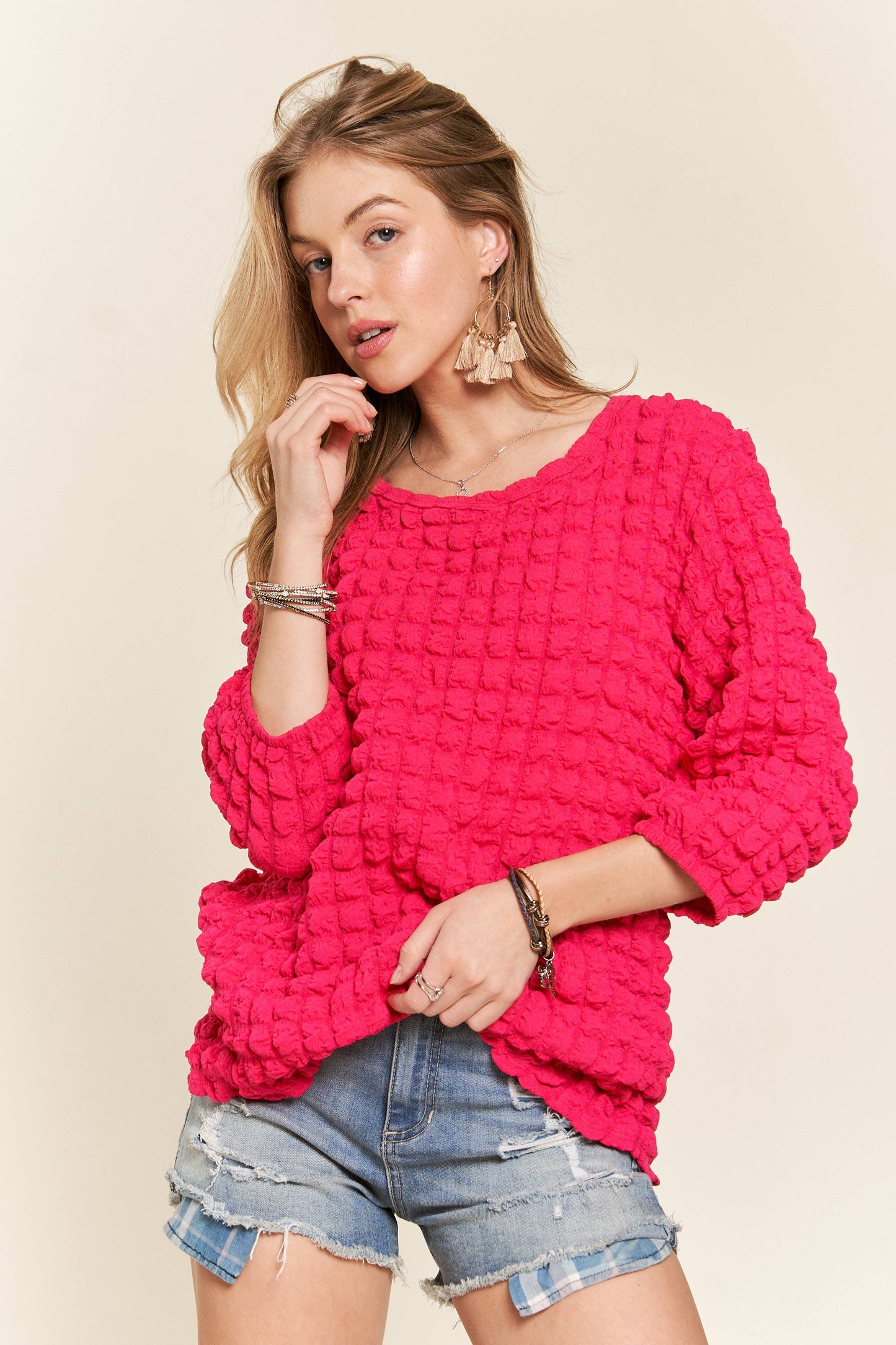 Puffy Bubble Fabric 3/4 Sleeve Top