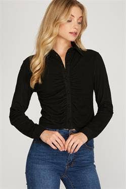 Long-sleeve Collared Knit Blouse