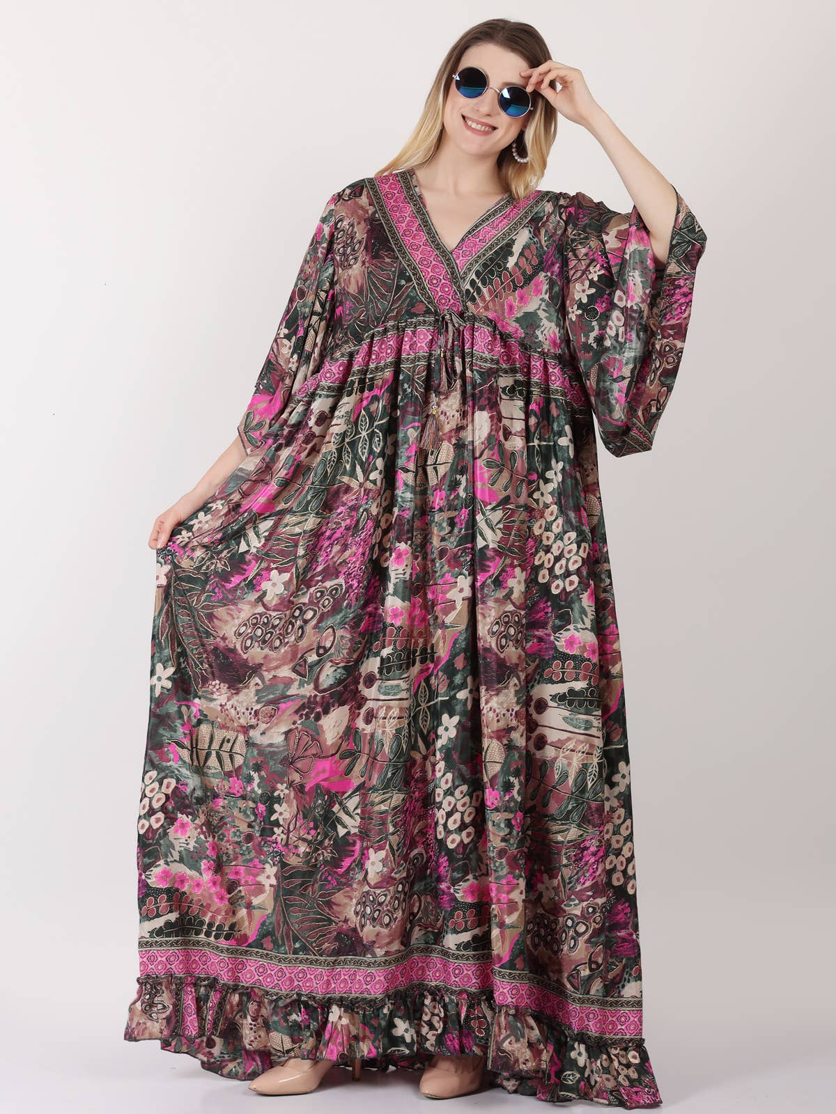 One-Size Bell Sleeves V-Neck Tie Adjustable Maxi Dress